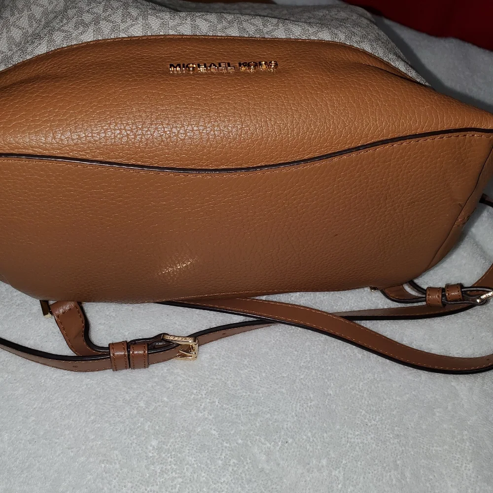 Michael Kors Brown and Beige Logo Canvas Drawstring Backpack with Leather Trim - Picture 4 of 4